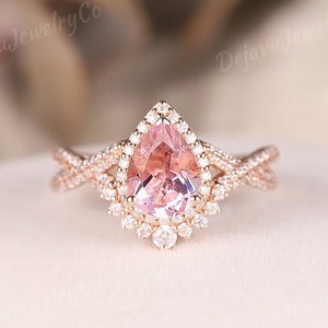 Art Deco Pear Shaped Pink Sapphire Engagement Ring Halo Moissanite Rose Gold Wedding Ring Unique Twist Moissanite Promise Ring For Women
