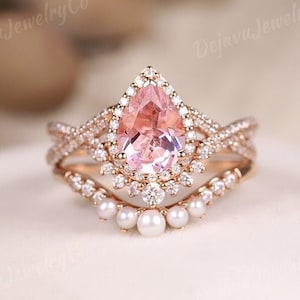 Peach Sapphire Engagement Ring Set Moissanite Halo Wedding Ring Set Pink Sapphire Promise Ring Women Pearl Wedding Band Padparadscha 2pcs