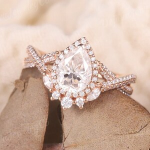 1.2ct Art Deco Pear Cut Moissanite Halo Engagement Ring Unique Moissanite Twisted Bridal Ring Rose Gold Promise Ring Anniversary Gift flower