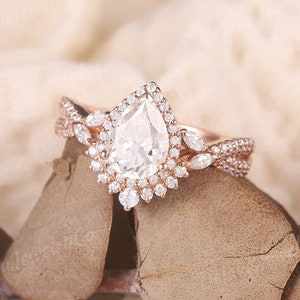 Art Deco Pear Cut Moissanite Engagement Ring Unique Moissanite Twisted Bridal Ring Rose Gold Halo Ring Promise Ring Anniversary Gift For Her