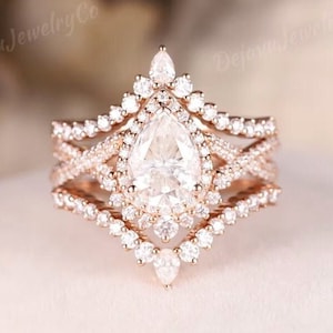 3pcs Moissanite Engagement Ring Set Art Deco Pear Shaped Moissanite Halo Twist Rose Gold Ring Stacking Wedding Ring Set For Women Infinity
