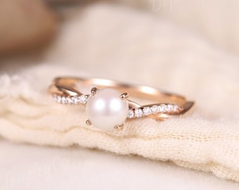 5mm Akoya Pearl Ring Rose Gold Engagement Ring Solitaire uno de un tipo anillo Infinity Vintage Style ring set Art Deco Bridal Ring Anniversary