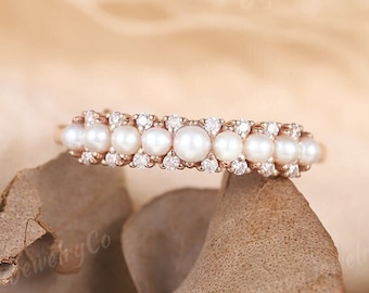 Unique Pearl Wedding Ring Dainty Pearl Wedding Band Rose Gold Diamond Stacking Wedding Ring Art Deco Moissanite Bridal Band Promise Tapered