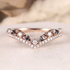 Marquise Cut Black Rutilated Quartz Curved Wedding Band Unique Moissanite Curved Stacking Bridal Ring Diamond Rose Gold Wedding Ring Women