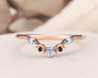 Swiss Blue Topaz Wedding Band Marquise Cut Birthstone Moon Wedding Ring Art Deco Rose Gold Black Onyx Ring Chevron Stacking Promise Ring