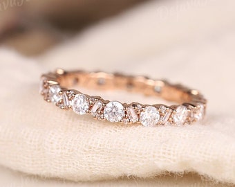 Unieke Moissaniet trouwring 14K roségouden trouwring volledige eeuwigheid bijpassende band stokbrood gesneden vintage ring verjaardagscadeau voor haar