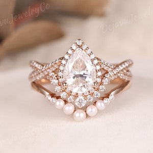 Unique Pear Cut Moissanite Engagement Ring Set Women Dainty Rose Gold Pearl Chevron Band Bridal Set Wedding Ring Set Stacking Twisted Ring