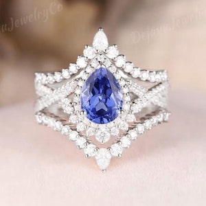 Cornflower Sapphire Ring Set Rose Gold Sapphire Engagement Ring Pear Shaped Wedding Ring Art Deco Cluster Ring Halo Twisted Birthstone 3pcs