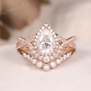 Unique Pear Cut Moissanite Engagement Ring Set Women Dainty Rose Gold Pearl V Shaped Band Bridal Set Antique Ring Set Stacking Twisted 2pcs