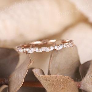 Delicate Wedding Band Rose Gold Marquise Diamond Moissanite Band Women Matching Stacking Ring Unique Wedding Band Promise Anniversary Band