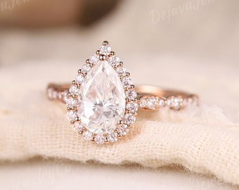 1.5ct Moissanite Engagement Ring Set Unique Pear Cur Moissanite Wedding Ring Set Chevron Stacking Wedding Band Delicate Rose gold Bridal Set