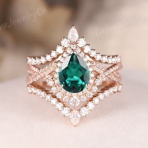 3pcs Emerald Engagement Ring Set Vintage Moissanite Halo Rose Gold Ring Double Curved Stacking Wedding Band pear Emerald Promise Ring Women