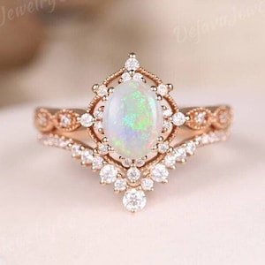Art Deco design Natural Oval Opal engagement ring Vintage prong set Milgrain diamond ring Antique opal Promise Anniversary ring Gift 2pcs