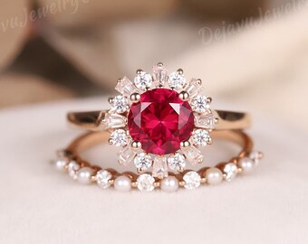 Dainty Ruby Engagement ring set Rose gold Vintage Red Gemstone ring set wedding ring Pearl Straight Moissanite band Anniversary gold ring