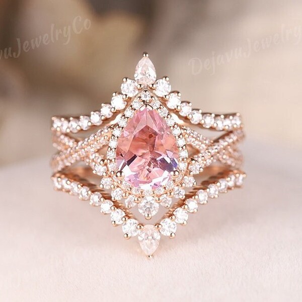 3stk Rosa Saphir Verlobungsring Set Vintage Moissanite Halo Rose Gold Ring Doppelt Gebogener Cluster Hochzeitsband Sapphire Geschenk für Frauen