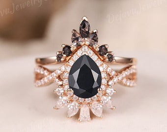 Conjunto único de anillos de compromiso de ónix negro para mujer, oro rosa, piedra preciosa negra, banda retorcida, anillo de halo de moissanita, cuarzo marquesa, joyería hecha a mano, regalo
