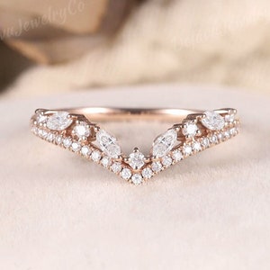 Marquise Shaped moissanite Curved Wedding Band Unique Moissanite Curved Stacking Bridal Ring Diamond Rose Gold Chevron Wedding Ring For Her