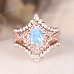 Vintage moonstone engagement ring set Rose gold 3pcs Pear Shaped wedding ring set Twist Moissanite halo Bridal promise ring Art deco ring