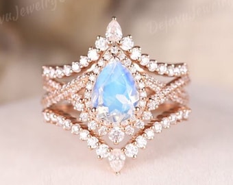 Ensemble de bagues de fiançailles en pierre de lune vintage, 3 pièces, bague de mariage en forme de poire, torsadée, halo de moissanite, bague de promesse nuptiale, bague art déco