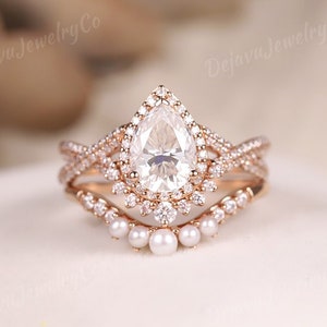 Unique Pear Cut Moissanite Engagement Ring Set Women Dainty Rose Gold Pearl Chevron Band Bridal Set Wedding Ring Set Stacking Twisted Ring