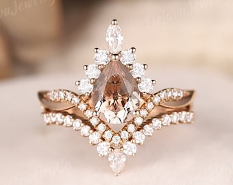 Unique Morganite Engagement Ring Set Art Deco Moissanite Halo Wedding Dainty Moissanite Curved Stacking Matching Wedding band For Women 2pcs