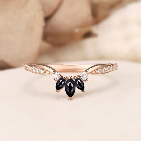 Antique Black Onyx Wedding Band Women Delicate Diamond Rose Gold Wedding Ring Matching Wedding Ring Infinity Curved Wedding Band For Women