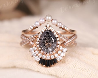 Pear Shaped Black rutilated quartz engagement ring set women 2pcs Baguette black onyx wedding Cluster Double Halo pearl band rings for her