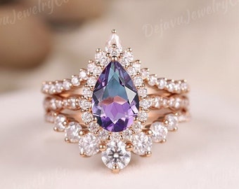 Unique 3pcs Pear Shaped Amethyst Engagement Ring Set Rose Gold Amethyst Halo Ring Wedding Ring Set Purple Gemstone Promise Ring For Women