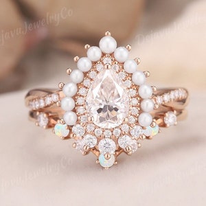 Unique Moissanite Engagement Ring Cluster Pearl Double Halo 1ct Moissanite Wedding Ring Art Deco Opal Alternating Curved Wedding Band 2pcs