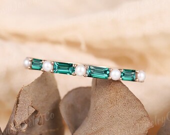 Pearl Wedding Ring Baguette Cut Emerald Wedding Ring Pearl Rose Gold Wedding Band Half Eternity Matching Band Unique Promise Ring For Her