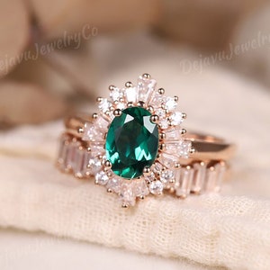 Unique Oval Cut Emerald Engagement Ring Set Dainty Rose Gold Baguette Moissanite Bridal Set Halo Promise Ring Anniversary Gift For Women