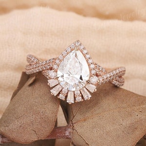 Antique Moissanite Engagement Ring Moissanite Halo Wedding Baguette Moissanite Cluster Ring Twisted Rose Gold Moissanite Promise Ring Gift