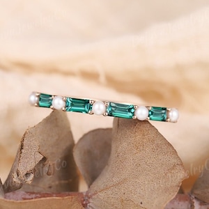 Pearl Wedding Ring Baguette Cut Emerald Wedding Ring Pearl Rose Gold Wedding Band Half Eternity Matching Band Unique Promise Ring For Her