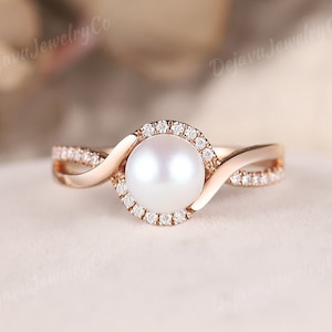 6mm Delicate Akoya Pearl Engagement Ring Unique Twisted Rose Gold Pearl Wedding Ring Art Deco Moissanite Halo Promise Ring Gift For Women