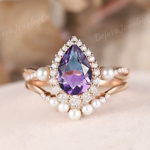 Unique Amethyst Engagement Ring Set Art Deco Pear Cut Amethyst Wedding Ring Moissanite Halo Ring Pearl Curved Rose Gold Wedding Band 2pcs