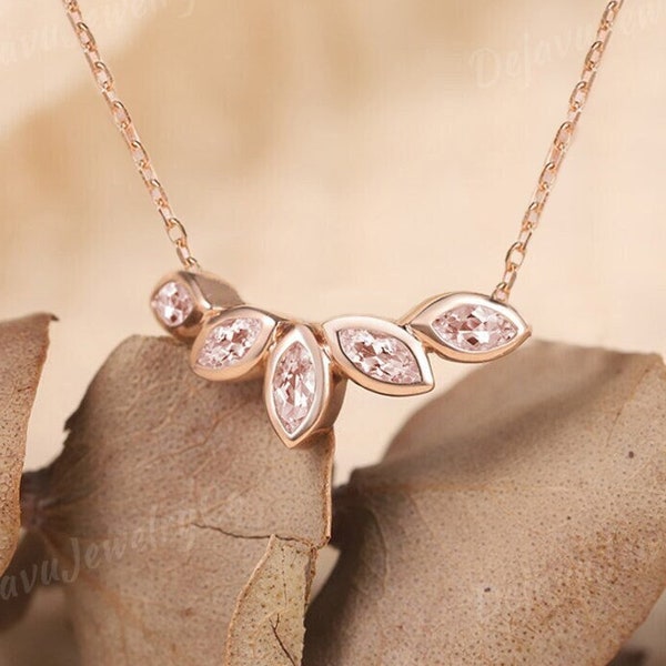 Marquise Morganite necklace solid 10k 14k 18k rose gold vintage unique Personal pendant for women Bezel set anniversary bridal gift mother