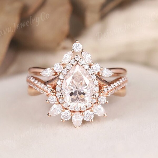 Unique Moissanite engagement ring set 2pcs Rose gold MOissanite engagement ring set Marquise diamond bridal set promise anniversary gift