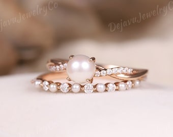 Dainty Pearl Engagement ring set Rose gold Vintage twisted ring set wedding ring Pearl Straight Moissanite band Anniversary solid gold ring