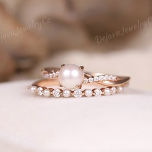 Dainty Pearl Engagement ring set Rose gold Vintage twisted ring set wedding ring Pearl Straight Moissanite band Anniversary solid gold ring