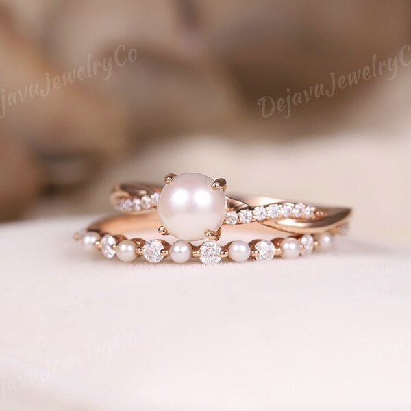 Pearl Engagement Ring Set Etsy