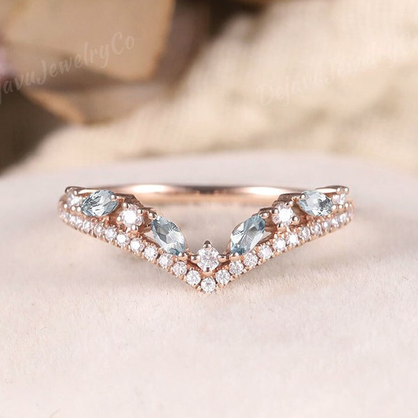 Marquise Cut Aquamarine Curved Wedding Band Unique Wedding Band Moissanite Curved Stacking Bridal Ring Diamond Rose Gold Wedding Ring Women