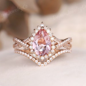 Unique Pink Morganite Engagement Ring Set Art Deco Halo Peal Moissanite Curved Wedding Band Pear Cut Pink Morganite Wedding Set 2pcs gift