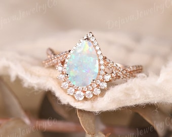 Pear Shaped Lab White Opal Ring Cabochon Opal White Opal Engagement Ring Rose Gold Wedding Ring Vintage Jewelry Moissanite Halo Twist Boho