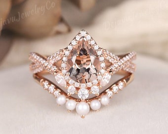 Delicate Pear Cut Morganite Engagement Ring Set Unique Rose Gold Pearl Curved Wedding Band Stacking Ring Set Twisted Moissanite Ring For Her