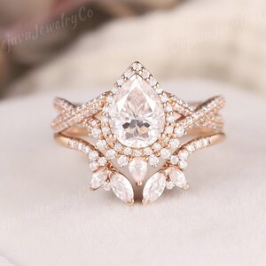Einzigartige Doppel Halo Moissanite Verlobungsring Rosegold Birne Moissanite Braut Set Twisted Ring Offen Marquise Hochzeit Band Versprechen Geschenk 2Stk