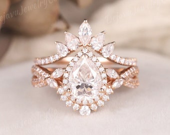 Pear Cut Moissanite Engagement Ring Set Marquise Cut Cluster Rose Gold Ring Twisted Promise Ring Stacking Matching Ring Halo Bridal Set