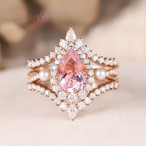 Ensemble de bagues de fiançailles en saphir Padparadscha, 3 pièces