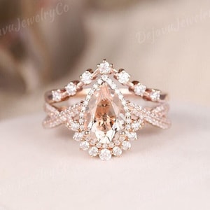 Dainty Pear Cut Morganite Wedding Ring Set Solid Gold Morganite Engagement Ring Star Twist Moissanite Chevron Stacking Band Promise 2pcs