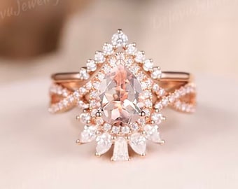 Dainty Pear Shaped Morganite Engagement Ring Set Rose Gold Moissanite Halo Wedding Ring Set Baguette Moissanite Cluster Promise Ring For Her