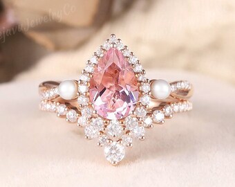 Unique Pink Sapphire Engagement Ring Set Moissanite Halo Wedding Ring Set Moissanite Curved Wedding Band Pearl Cluster Promise Ring For Her